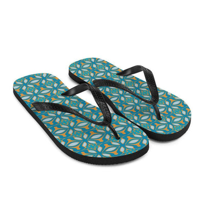 Striking Blue Orange Turquoise Moroccan design flip flops, colourful beach thong shoes, water sandals, holiday wear, beach slip-ons. - DoodlePippin
