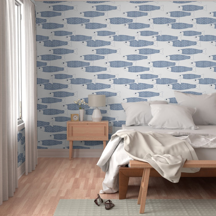 Ocean Shoal Wallpaper - Navy Blue on White