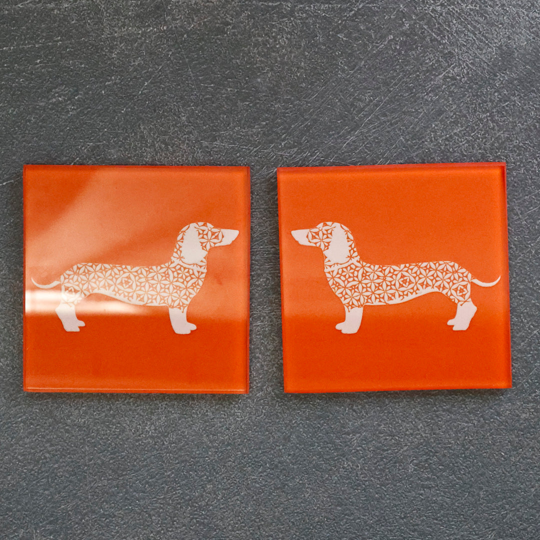 SALE SET - 2 x White Dachshund on Orange - Coasters