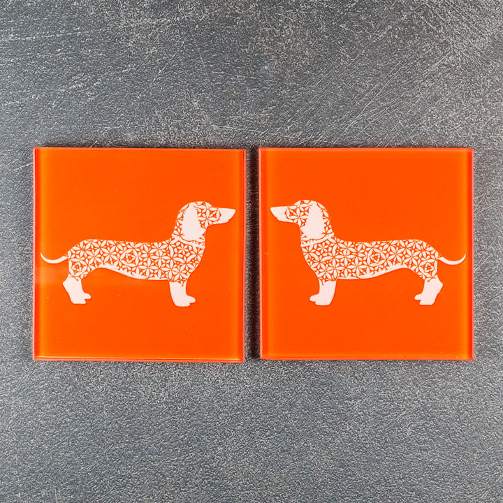 SALE SET - 2 x White Dachshund on Orange - Coasters