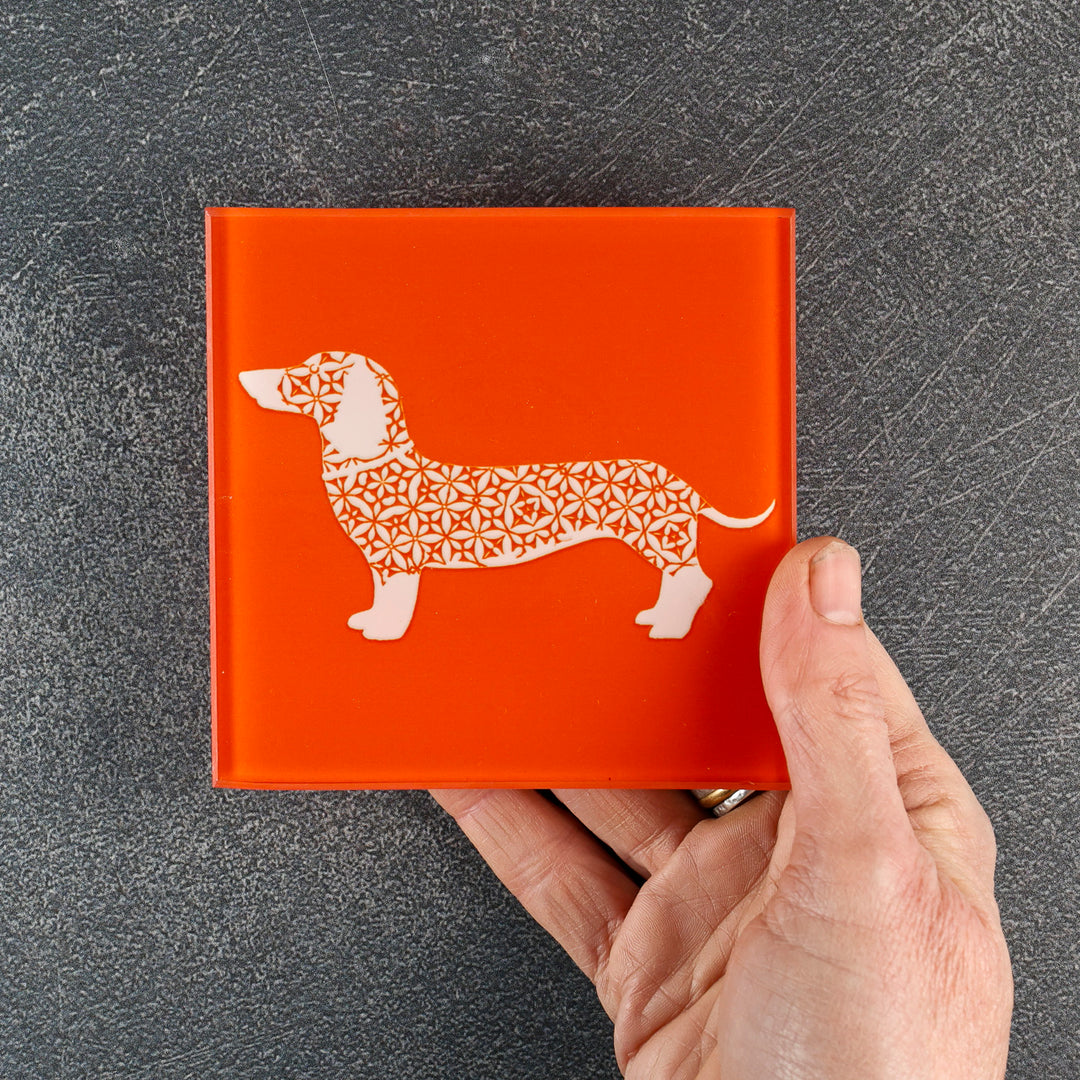 SALE SET - 2 x White Dachshund on Orange - Coasters
