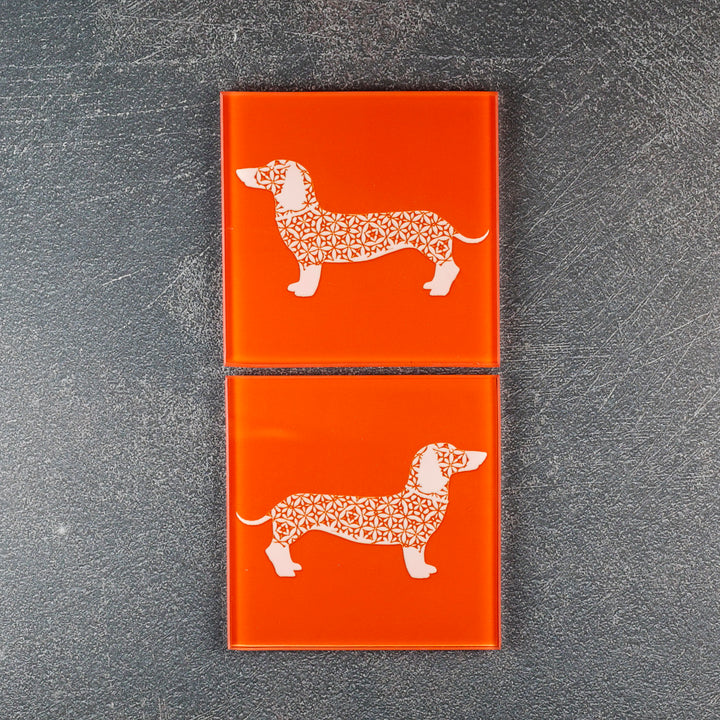 SALE SET - 2 x White Dachshund on Orange - Coasters