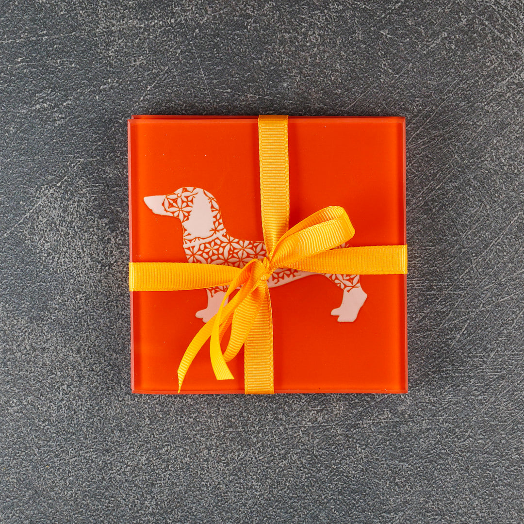 SALE SET - 2 x White Dachshund on Orange - Coasters
