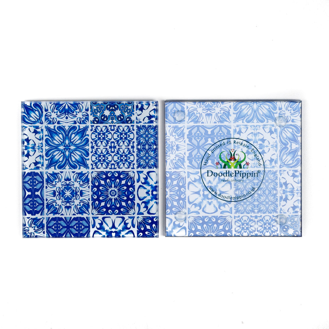SALE - 2 x Small Mixed Tiles - Blue &amp; White - square glass coasters