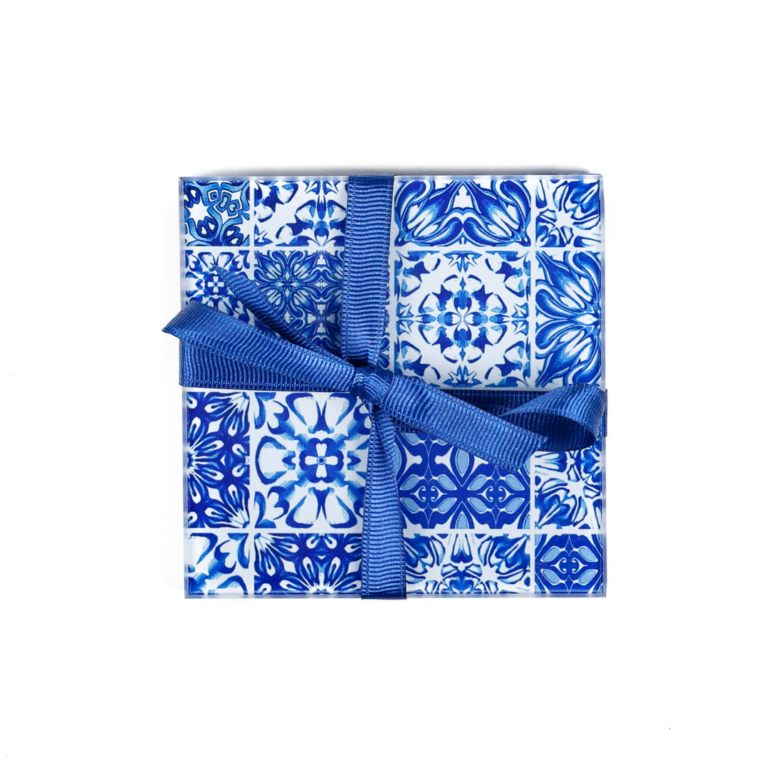 SALE - 2 x Small Mixed Tiles - Blue &amp; White - square glass coasters