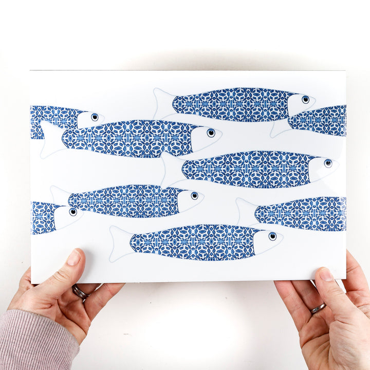 PROMOTION - 1 x Banc de poissons océan bleu sur blanc - Carreau rectangulaire - 30x20cm