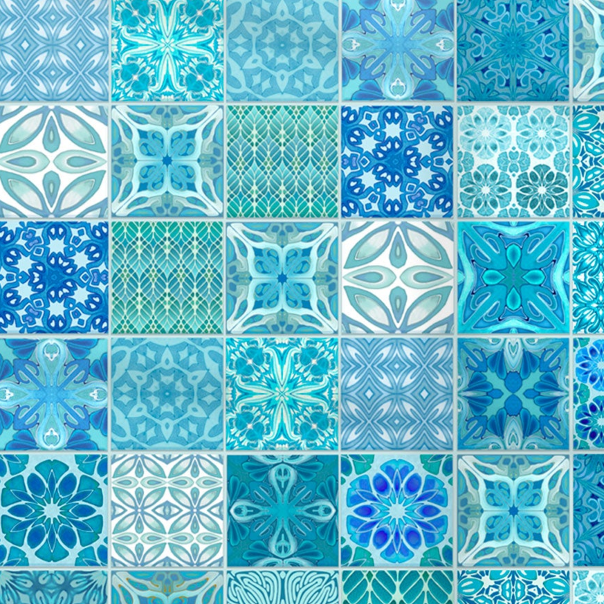 Mixed Tiles Kitchen Splashback - Turquoise Mix