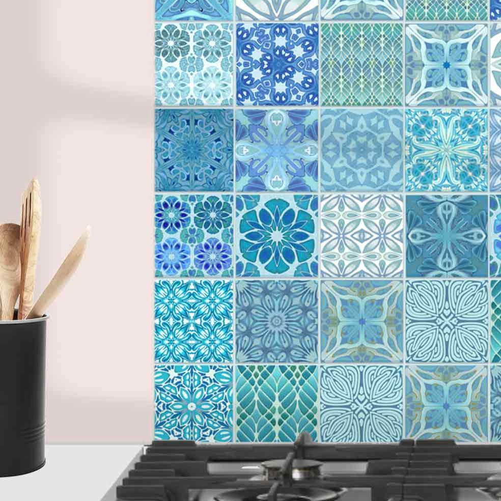 Mixed Tiles Kitchen Splashback - Turquoise Mix