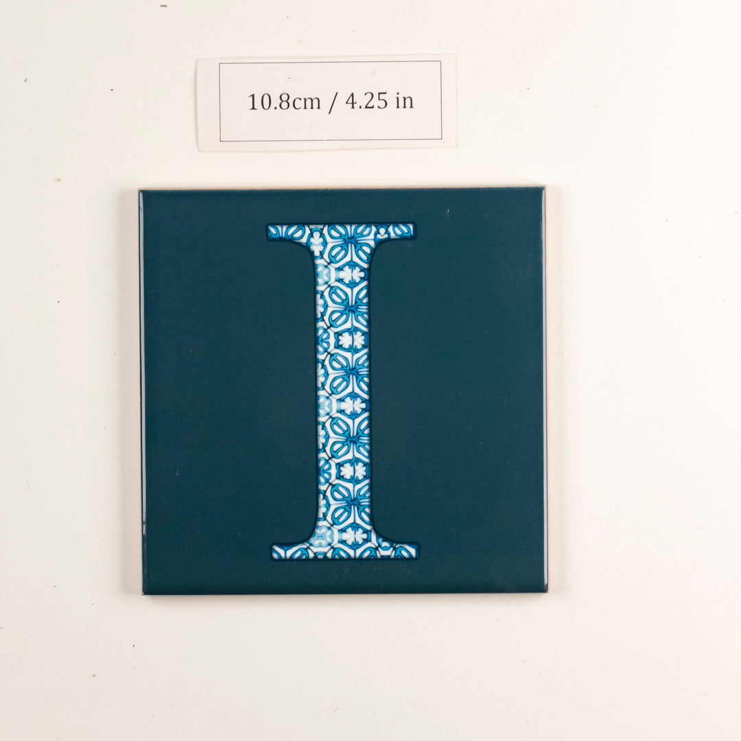 SALE -  Single Ceramic Alphabet Tile -  Letter "I" (blue on teal) (10.8cm)