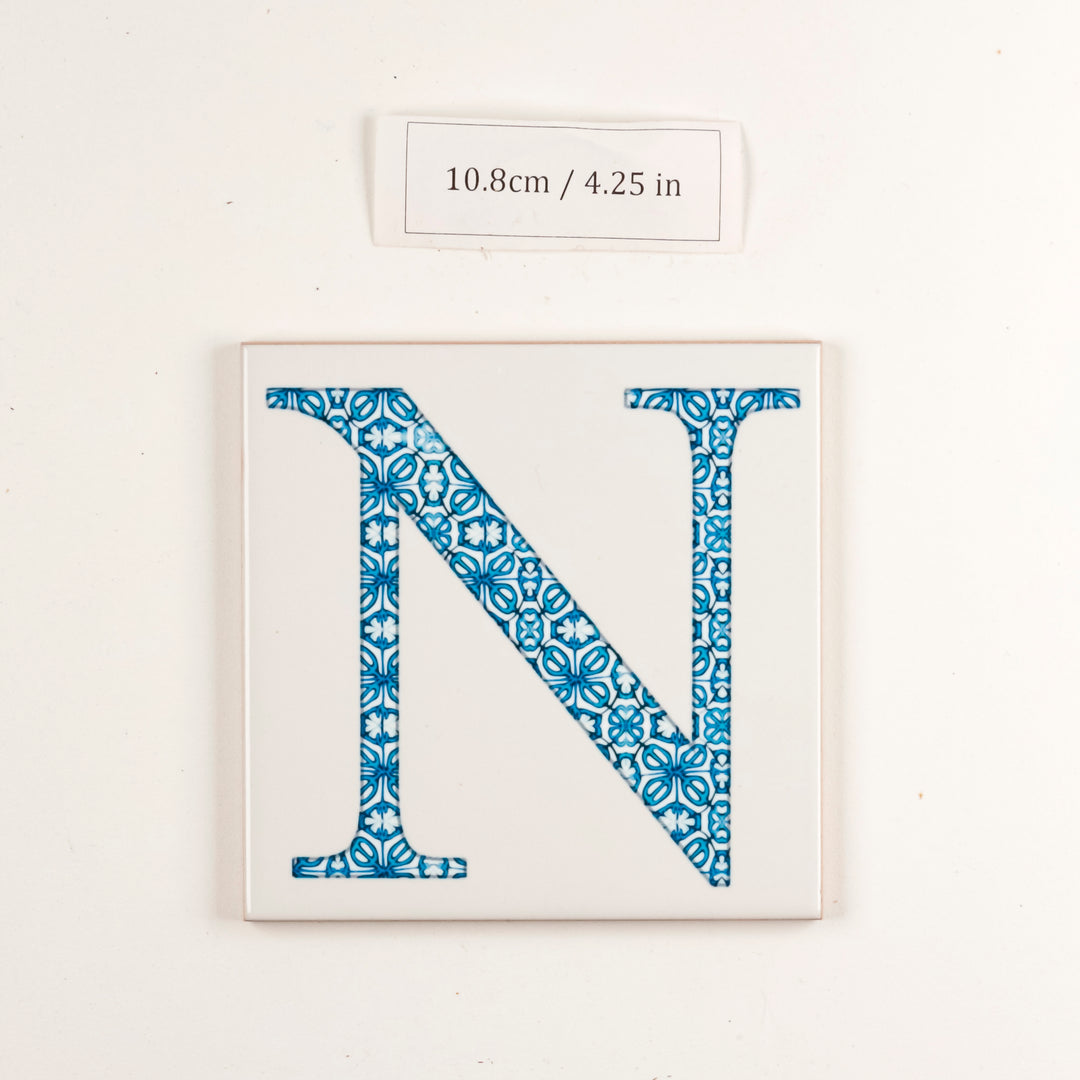 SALE -  Single Ceramic Blue Flower Letter "N" on White (10.8cm)