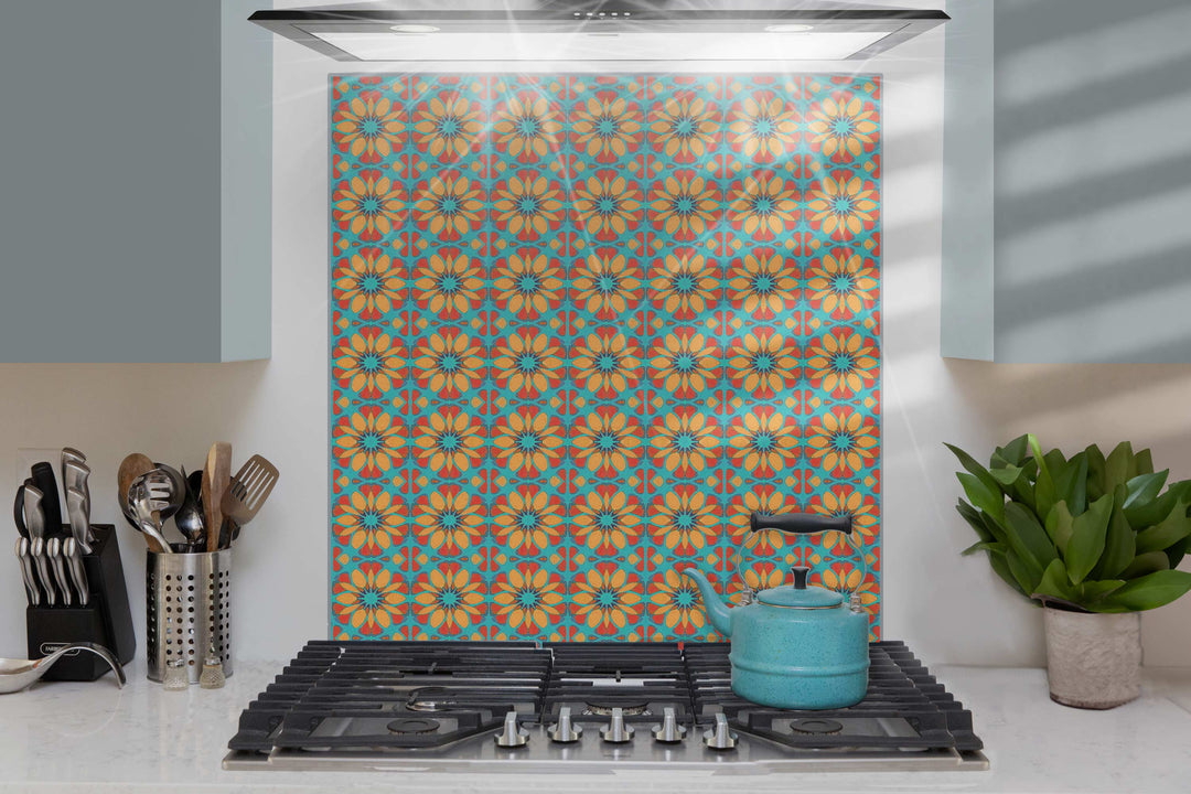 Moroccan Flower Kitchen Splashback - Orange &amp; Teal