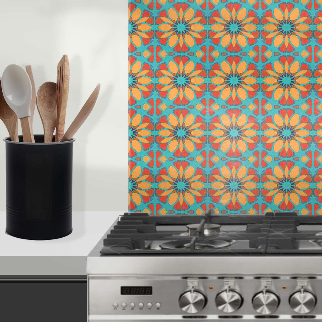 Moroccan Flower Kitchen Splashback - Orange &amp; Teal
