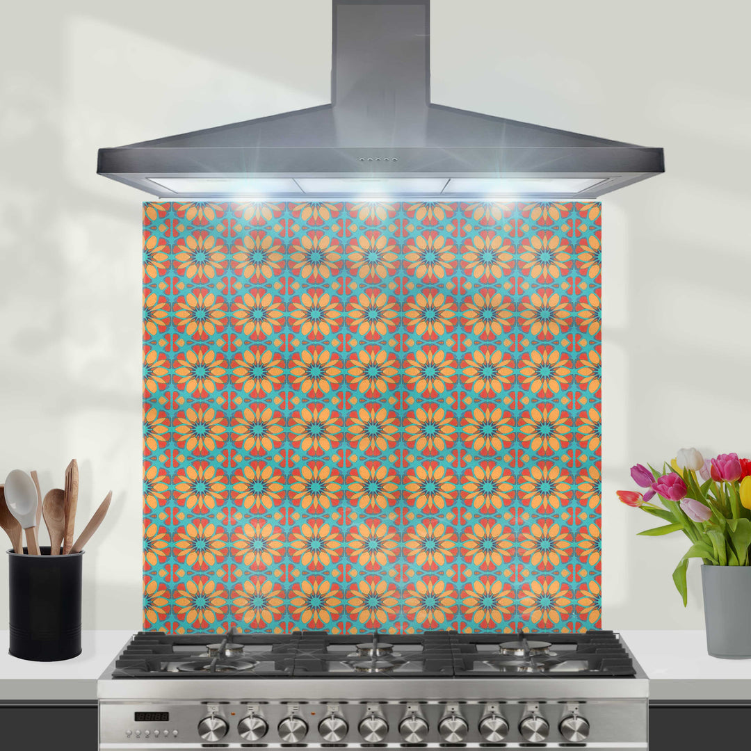 Moroccan Flower Kitchen Splashback - Orange &amp; Teal