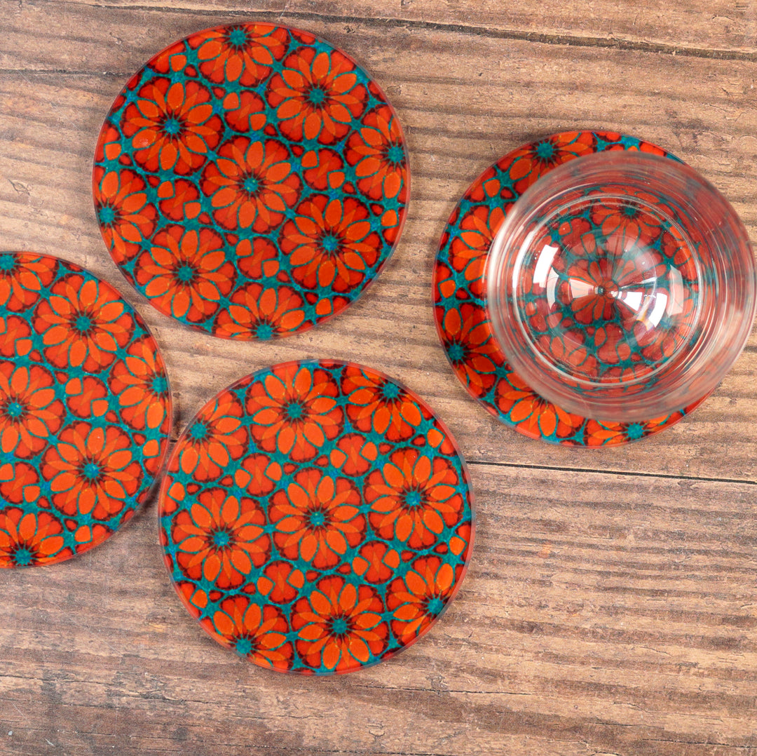 Turquoise/Orange - Fleur Marocaine - Set de Sous-Verres en Verre
