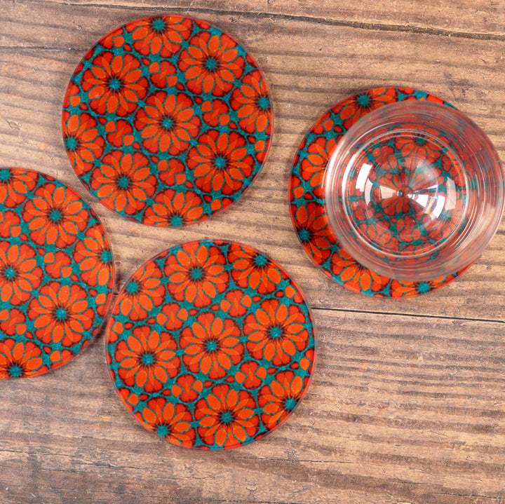 Turquoise/Orange - Fleur Marocaine - Set de Sous-Verres en Verre