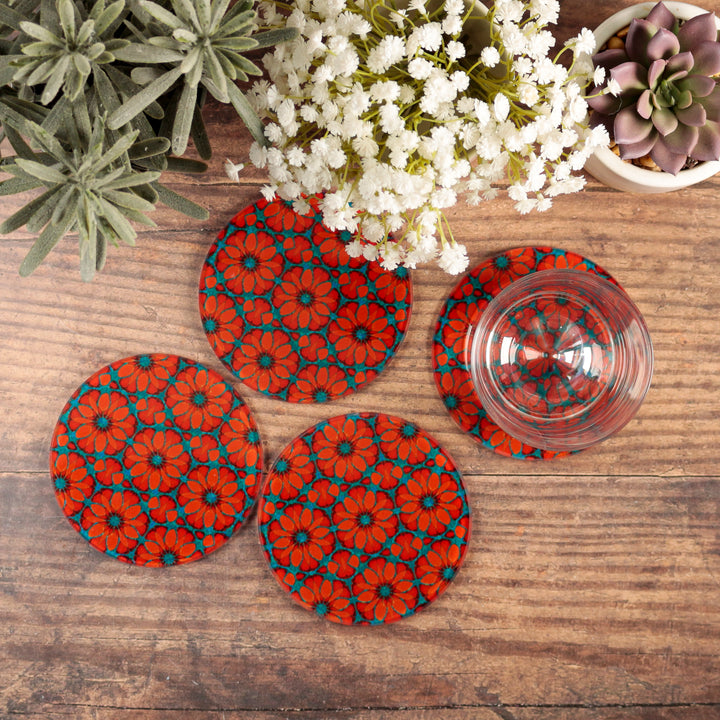Turquoise/Orange - Fleur Marocaine - Set de Sous-Verres en Verre