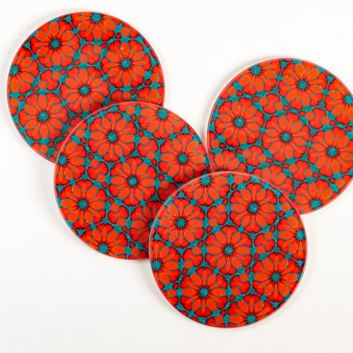 Turquoise/Orange - Fleur Marocaine - Set de Sous-Verres en Verre