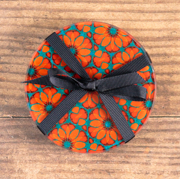 Turquoise/Orange - Fleur Marocaine - Set de Sous-Verres en Verre