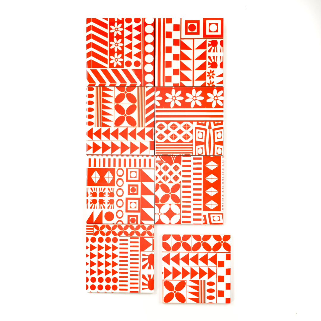 SALE SET of 8x 10.8cm Orange Geometric Retro tiles