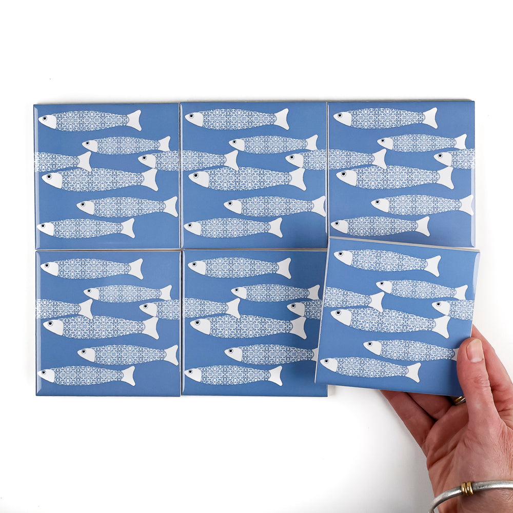 SALE SET of 6x 10cm Fired Ink tiles - Sky Blue Border Ocean Shoal