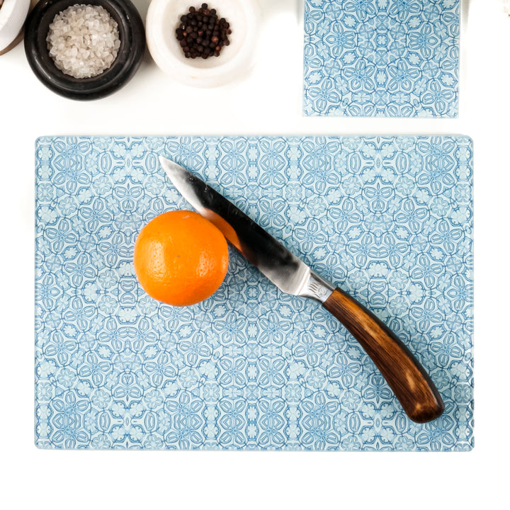 Blue Turkish Flower Chopping Board - Delicate Blue Grey