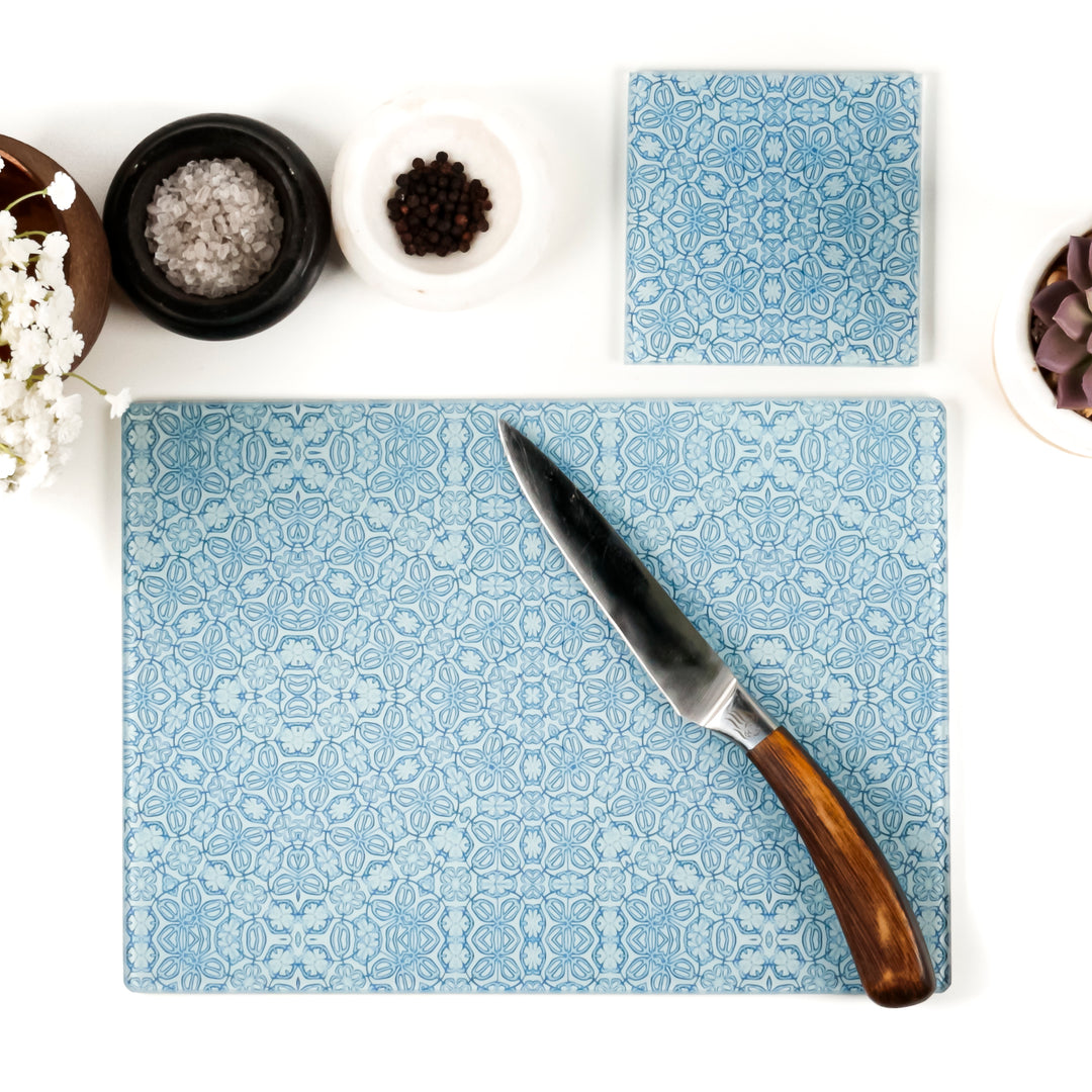 Blue Turkish Flower Chopping Board - Delicate Blue Grey