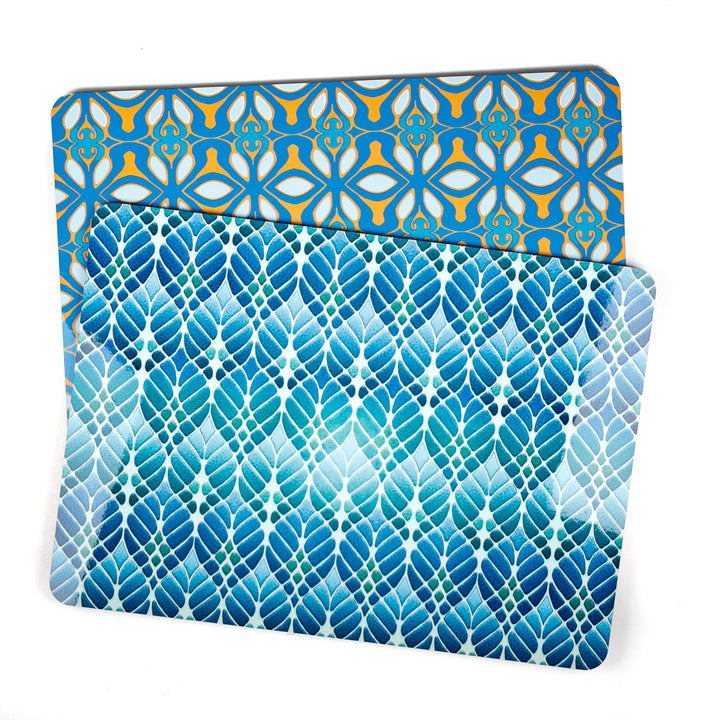 SALE 2x Cork Placemats - Interwoven Trees &amp; Blue/Orange "Greek" designs