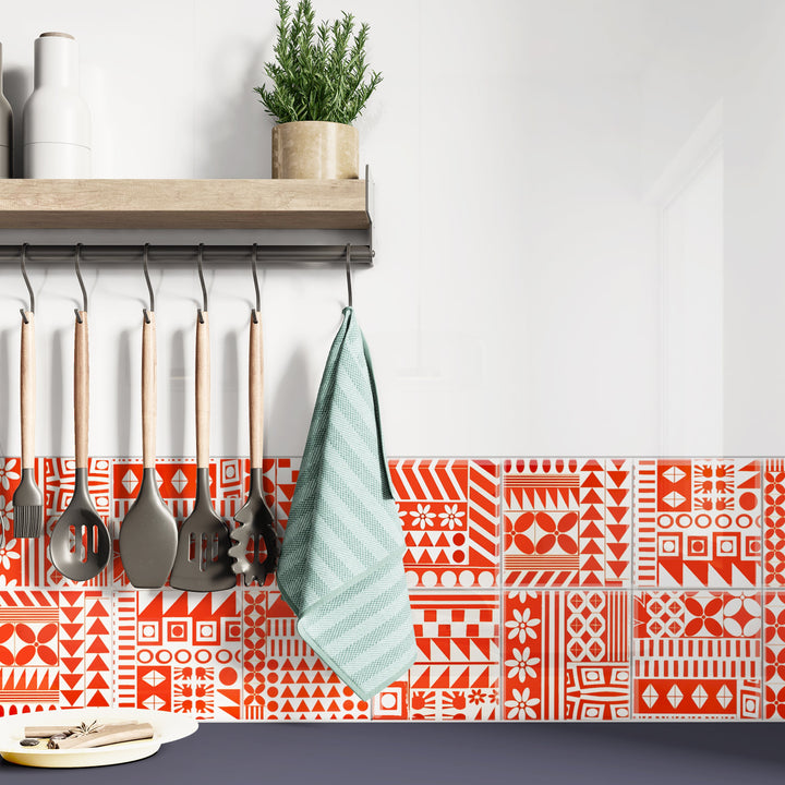 SALE SET of 8x 10.8cm Orange Geometric Retro tiles