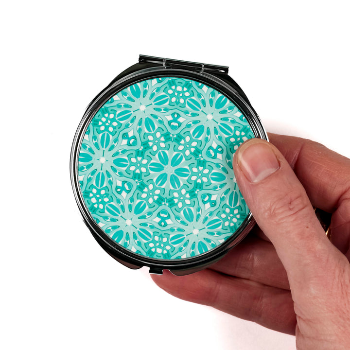 Turquoise Blue Turkish Flower Compact Folding Mirror