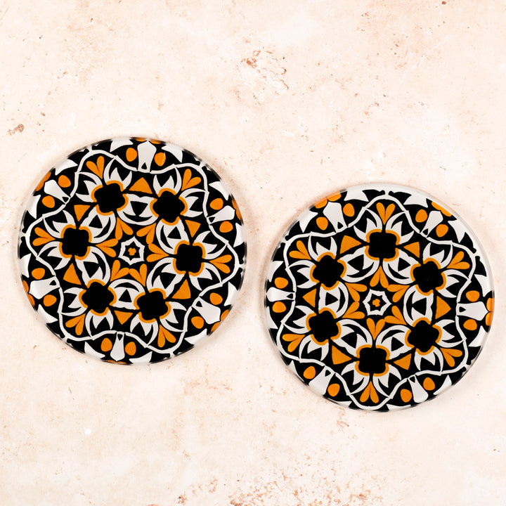"Aztec" Design - Orange and Black Glass Coaster Set
