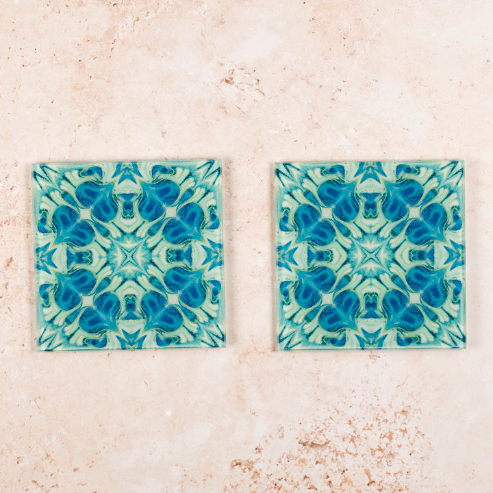 Türkises Art Deco Glas-Untersetzer-Set