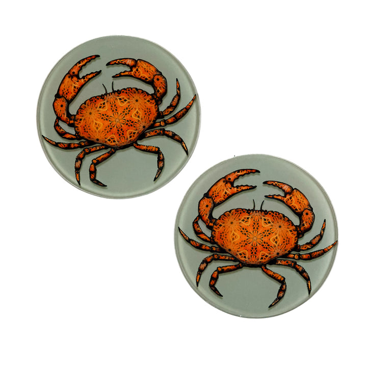SALE - Set of 2x Crab on Dark Grey - Circular glass coasters