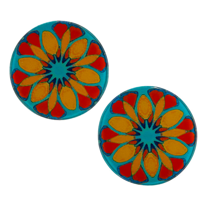 Teal/Orange - Moroccan Flower - Glass Coaster Set
