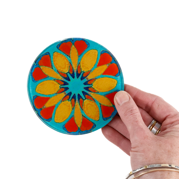 Teal/Orange - Moroccan Flower - Glass Coaster Set
