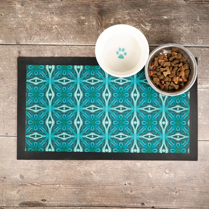Set de table pour animaux de compagnie « Arbres entrelacés » - Bleus et turquoises