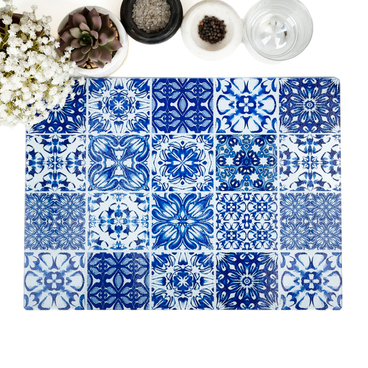 SALE SECOND - Arbeitsplatten-Schoner „Mixed Tiles“ Blau und Weiß (groß/glatt)