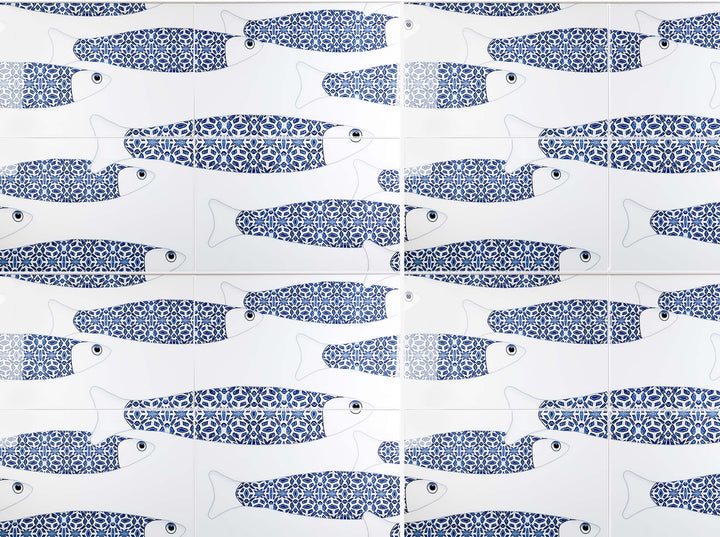 SALE - Ocean Shoal - White &amp; Blue Border version - Large SCALE - Rectangular Tile - 30x20cm (12x8 inches) Set of 4