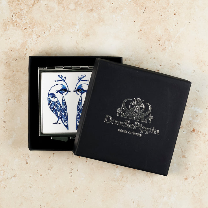 SALE - Square Lovebirds Folding Mirror - Blue Lovebirds on White