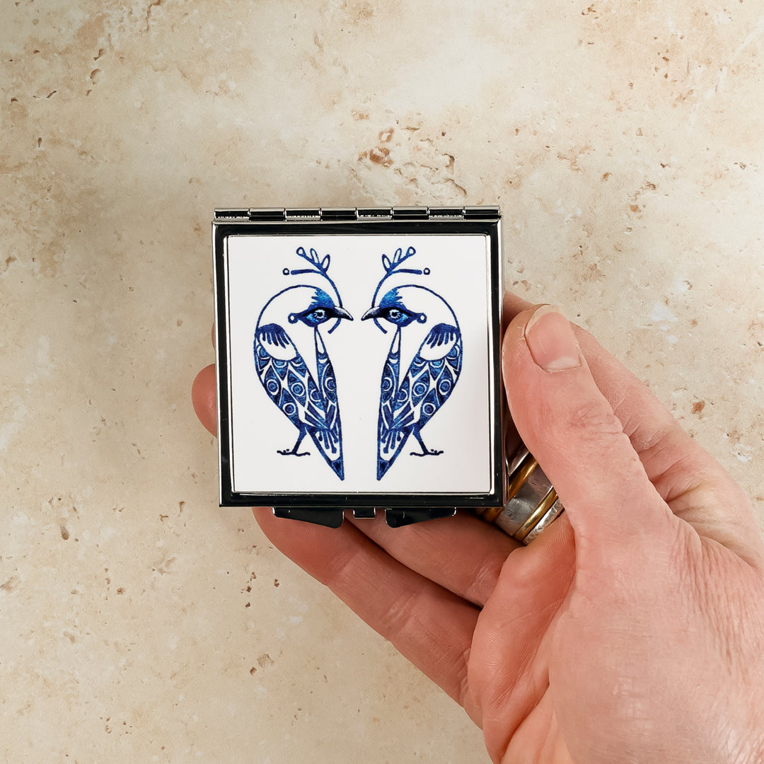SALE - Square Lovebirds Folding Mirror - Blue Lovebirds on White