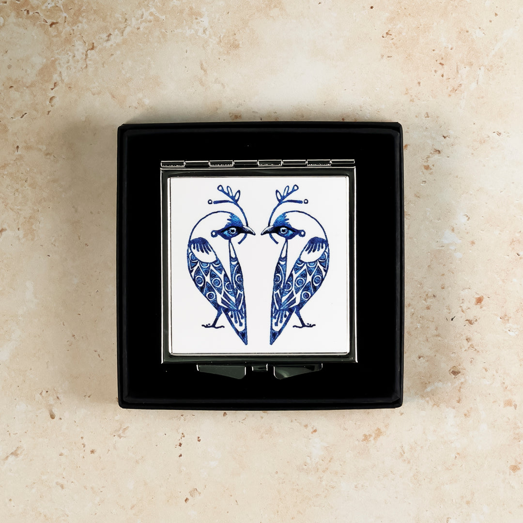 SALE - Square Lovebirds Folding Mirror - Blue Lovebirds on White