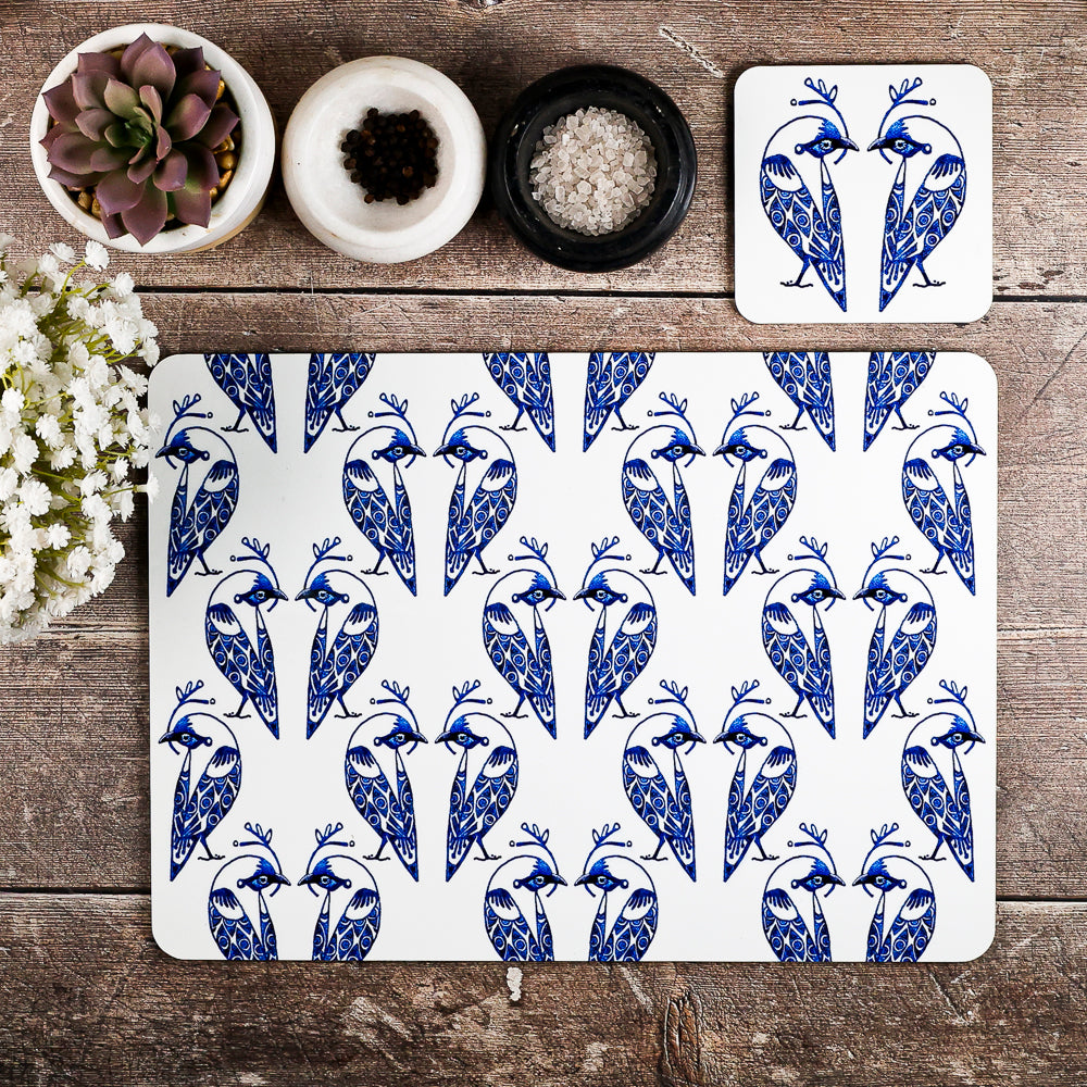Lovebirds Placemat - Blue &amp; White