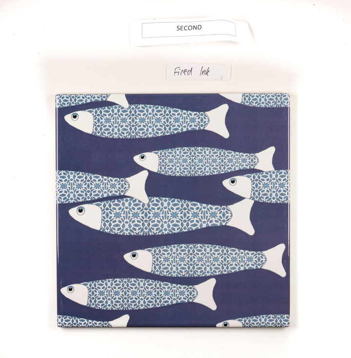 SALE SECOND Single 20cm Ocean School tile - Pale Navy -  FIRED INK Version