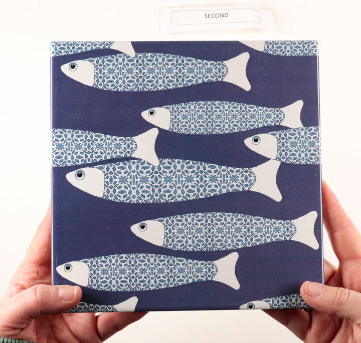 SALE SECOND Single 20cm Ocean School tile - Pale Navy -  FIRED INK Version