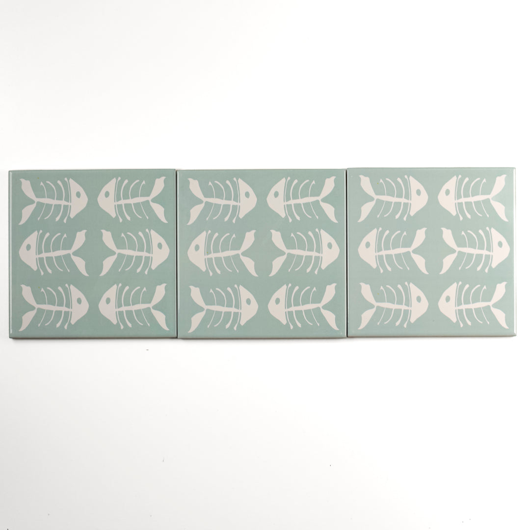 SALE SET of 3x Bonefish on Pale Blue design- 15cm tiles -  FIRED INK Version