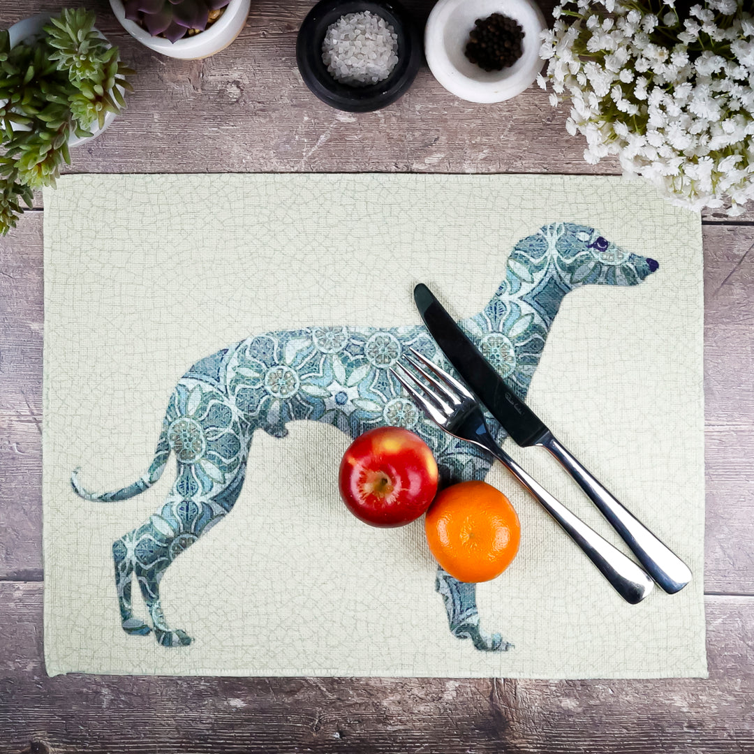 Greyhound Lurcher Placemat - Fabric - Pomegranate Blue Green