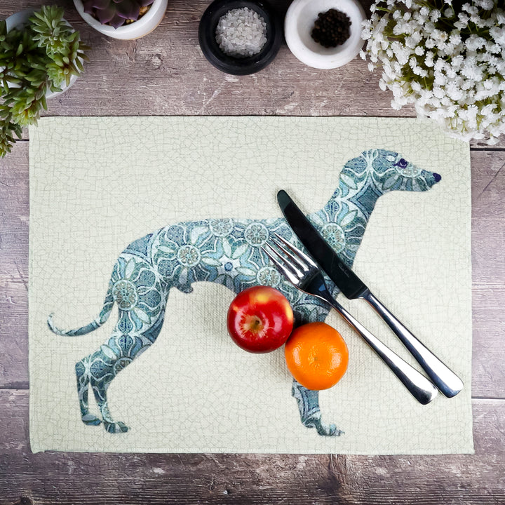 Greyhound Lurcher Placemat - Fabric - Pomegranate Blue Green