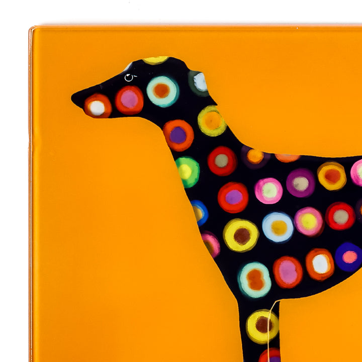 SALE - Spotty Greyhound Small Rectangular Worktop Protector on bright orange