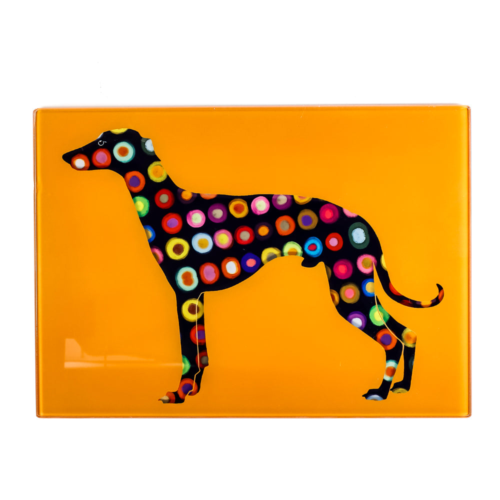 SALE - Spotty Greyhound Small Rectangular Worktop Protector on bright orange