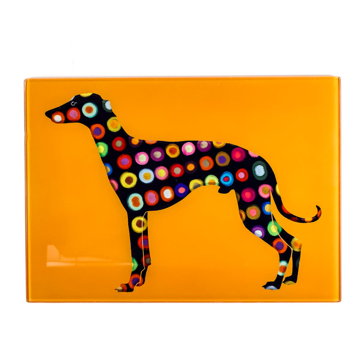 SALE - Spotty Greyhound Small Rectangular Worktop Protector on bright orange