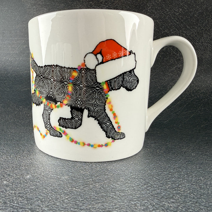 Christmas Labradoodle mug - black dog with hat &amp; fairy lights